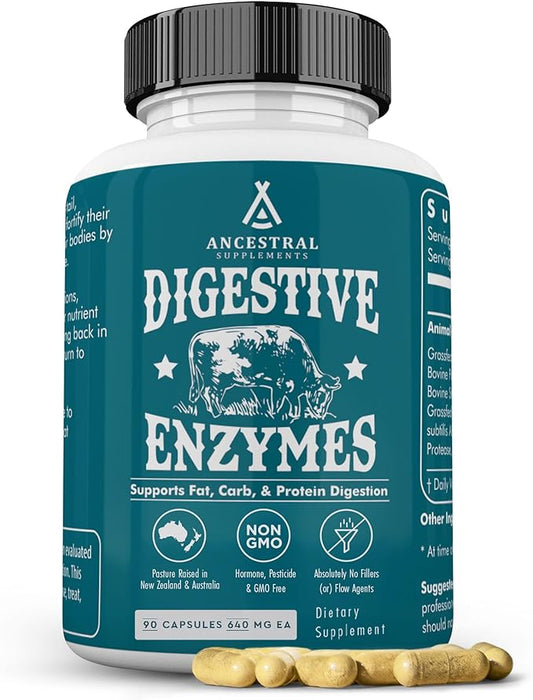 Ancestral Supplements Digestive Enzymes for Women & Men, 90 Capsules, with Probiotics and Grass Fed Beef Organs, Supports Gut Health, Digestive Health & Nutrient Absorption, Allergen Free, Non GMO