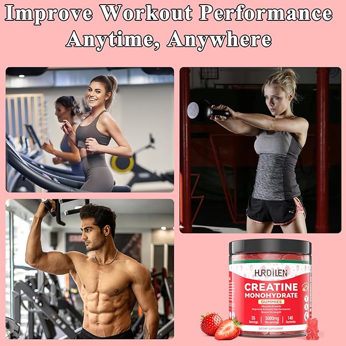 140 Count Creatine Monohydrate Gummies, 5000mg Creatine Monohydrate No Sugar Gummies for Women & Men with L-Taurine, Vitamin B12 for Muscle Strength, Muscle Recovery, Glute Builder, Energy Boost