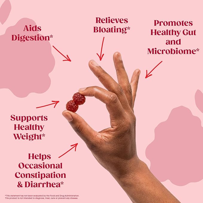 Bellway Super Fiber Gummies for Adults - Sugar Free Organic Fiber Supplement Gummies with 4g of Fiber per Serving - Prebiotic Chicory Root Fiber for Digestive Gut Health, Raspberry Lemon, 60 Count