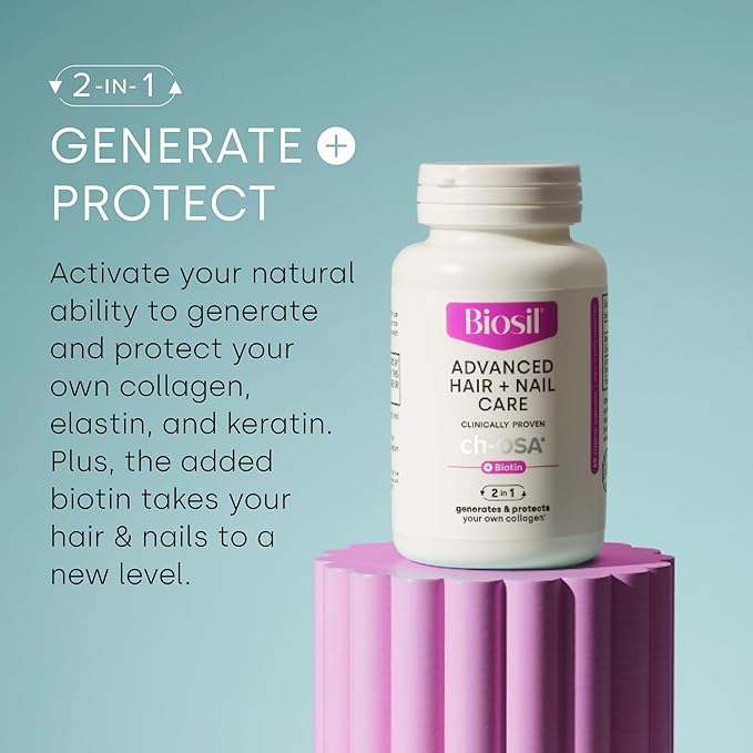Biosil Advanced Hair + Nail Care - 60 Capsules - Grow, Strengthen & Thicken Hair and Nails - with Patented ch-OSA & Biotin - 30-Day Supply