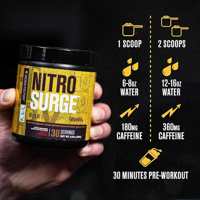 Jacked Factory Nitrosurge Build Pre Workout with Creatine for Muscle Building - Con Cret Creatine Powder & elevATP for Intense Energy, Powerful Pumps, & Endless Endurance - 30 Servings, Arctic White