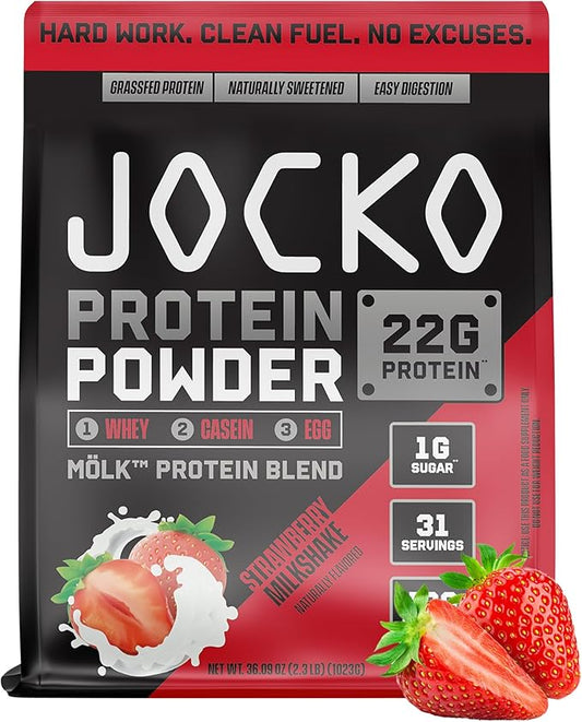 Jocko Mölk Whey Protein Powder 22g Sugar Free Monk Fruit Blend - Muscle Recovery & Growth, Packaging May Vary (31 Servings, Strawberry Milkshake)