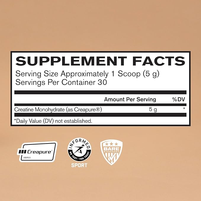 BARE PERFORMANCE NUTRITION, BPN Pure Creatine Monohydrate Powder by Creapure, 5g of Creatine per Serving, Supports Muscle Growth, Unflavored Creatine Powder, 30 Servings