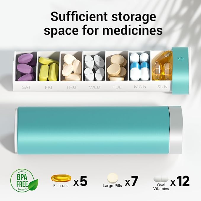 Weekly Pill Organizer 7 Day, Betife Daily Pill Box, Travel Pill Case, Cute Pill Holder to Hold Vitamins, Medicines, Supplements, Pills Organizer(Green)