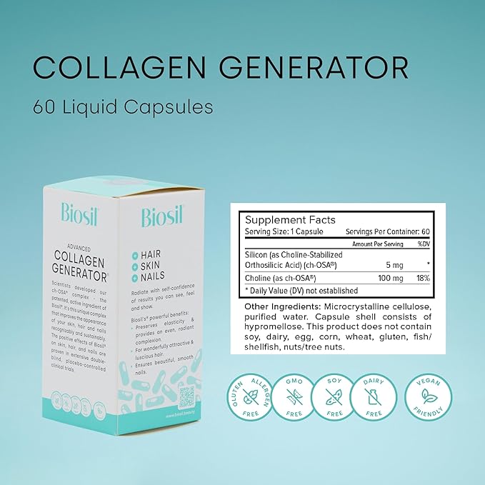 Biosil Collagen Generator - 60 Liquid Capsules, Pack of 2 - with Patented ch-OSA Complex - Generates & Protects Your Own Collagen - GMO Free - 60-Day Supply