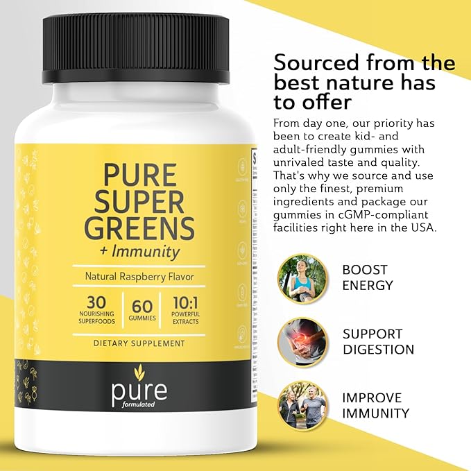 Super Greens Multivitamin Gummies for Men & Women - Adult Immune Support Gummies - 30 Superfoods Vegan Supplements - Natural Raspberry Flavor (60 Count)