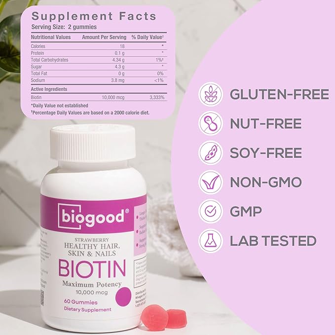 Biotin Hair Skin Nails Non-GMO Women's Multivitamin Gummy with 10,000 mcg Biotin Strawberry Flavor, 60 Count