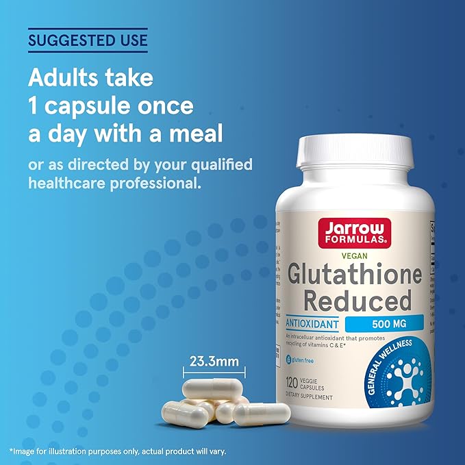 Jarrow Formulas Glutathione Reduced 500 mg - 120 Veggie Capsules - Intracellular Antioxidant - Quality Glutathione Supplements - Supports Recycling of Vitamins C & E - Non-GMO - Gluten Free - Vegan