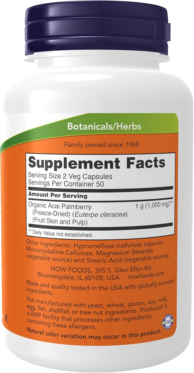 NOW Foods Supplements, Acai 500 mg, Freeze-Dried Super Fruit with Polyphenols, Ellagic Acid, Rutin, Anthocyanins and Catechins, 100 Veg Capsules