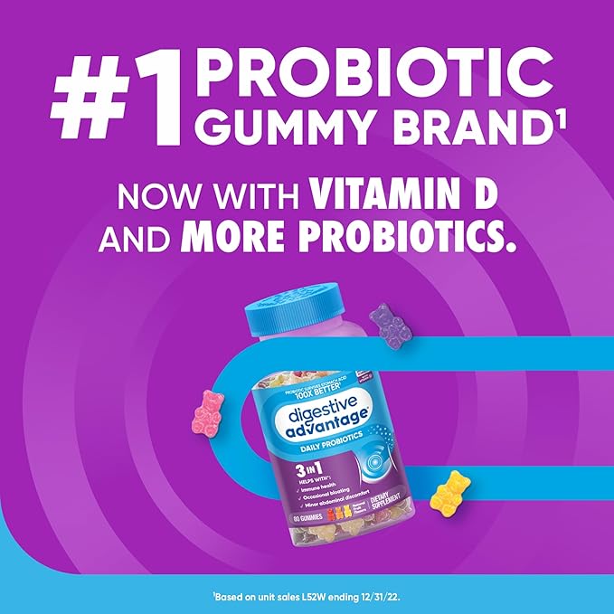 Digestive Advantage Probiotics For Digestive Health, Probiotic Gummies & Vit D, Daily Probiotics For Women &Men Occasional Bloating, Minor Abdominal Discomfort & Gut Health, 80ct Natural Fruit Flavors
