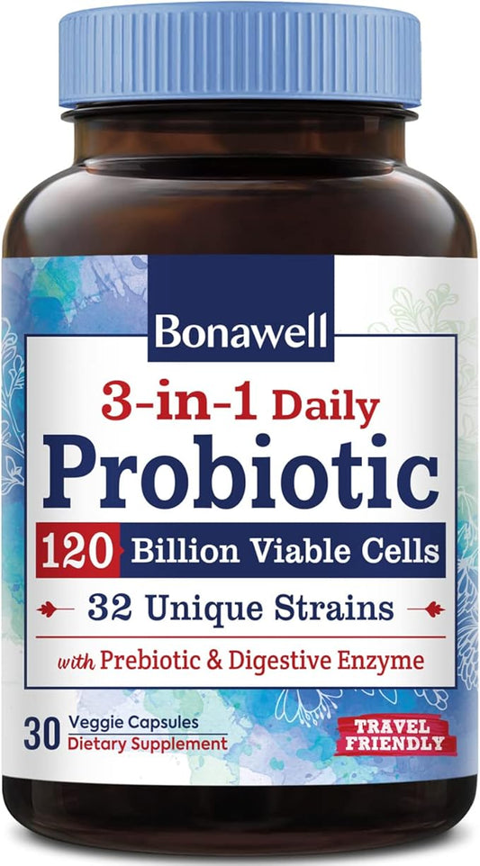 Bonawell Probiotics 120 Billion CFU 32 Strains with Prebiotics, Digestive Enzymes for Gut Health, 3-in-1 Daily Probiotic, Shelf-Stable, Delayed-Release, 30 Veggie Caps