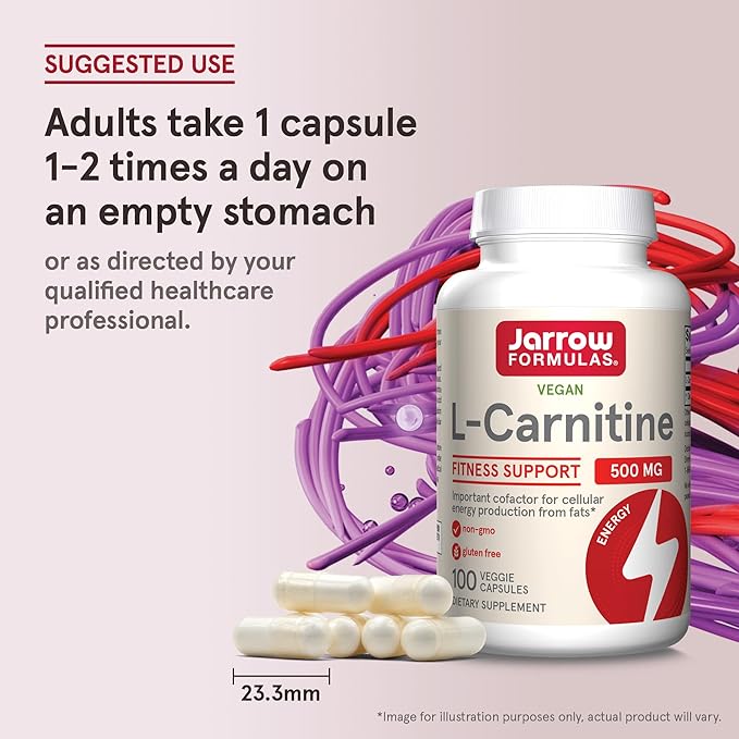 Jarrow Formulas L-Carnitine 500 mg, Dietary Supplement, Support for Cellular Energy Production, 100 Veggie Capsules, 100 Day Supply