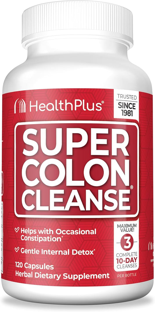 Health Plus Super Colon Cleanse 10 Day Gentle Gut Cleanse Detox, Psyllium Husk, Probiotics for Constipation Relief & Digestive Support, 120 Capsules