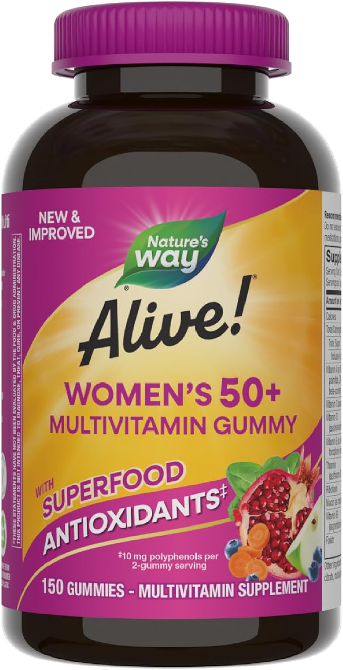 Nature's Way Alive! Women’s 50+ Daily Gummy Multivitamins, Supports Multiple Body Systems*, Supports Healthy Heart, Brain & Bones,* B-Vitamins, Mixed Berry Flavored, 150 Gummies(Packaging May Vary)