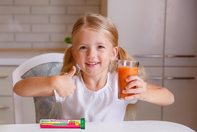T&D German Multvitamin for Children 8 Vitamins - 100 Vegan Drink Effervescent Tablets - Raspberry Flavor - Made in Germany
