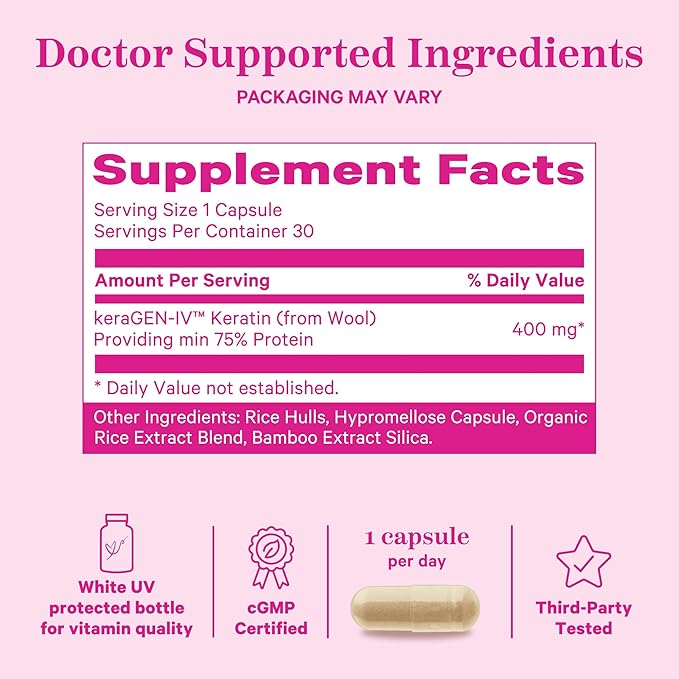 Pink Stork Keratin Hair Loss Supplement for Women - Clinically Studied KeraGEN-IV for Hair Care, Thinning, Shedding and Beauty - Hair Skin and Nails Support - Postpartum Hair Growth - 30 Capsules