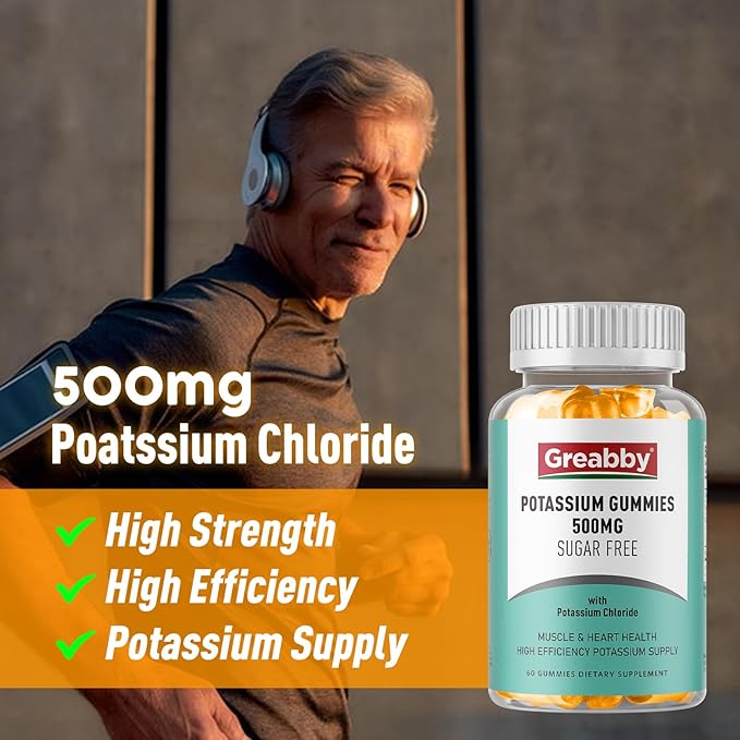 Potassium Gummies, Potassium Chloride 500mg for Adults, Sugar-Free Potassium Supplement, Muscle Relief & Heart Health for Women Men, Electrolyte Balance, Efficient Potassium Supply, 60 Servings