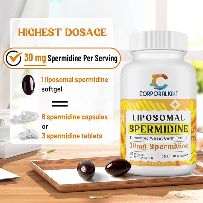 30mg Spermidine Supplement, Liposomal Spermidine, High Absorption, More Potent Than Spermidine 3HCL, Fermented Wheat Germ Extract, Spermidine for Women & Men, Cellular Renewal, Longevity, 240 Softgels