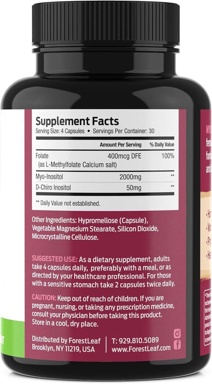 ForestLeaf Myo-Inositol & D-Chiro Inositol with Folate Supplement - 40:1 Ratio 2000mg Myo and D-Chiro Inositol Capsule
