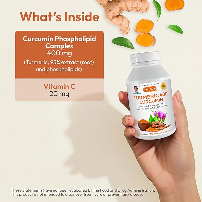 Andrew Lessman Turmeric 400-60 Capsules – 95% Curcuminoids as Phospholipid Complex for Optimum Benefits and Greater Absorption, High Potency Standardized Extract, Small Easy to Swallow Capsules