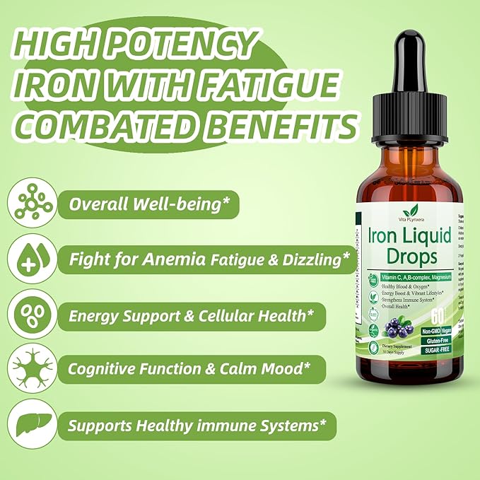 2 Pack Liquid Iron Supplement for Women Men & Kids, Vegan Iron Drops with Vitamin C D, B12, B-Complex, High Potency Liquid Iron with Multivitamin for Anemia, Energy Support, Magnesium Iron Gentle