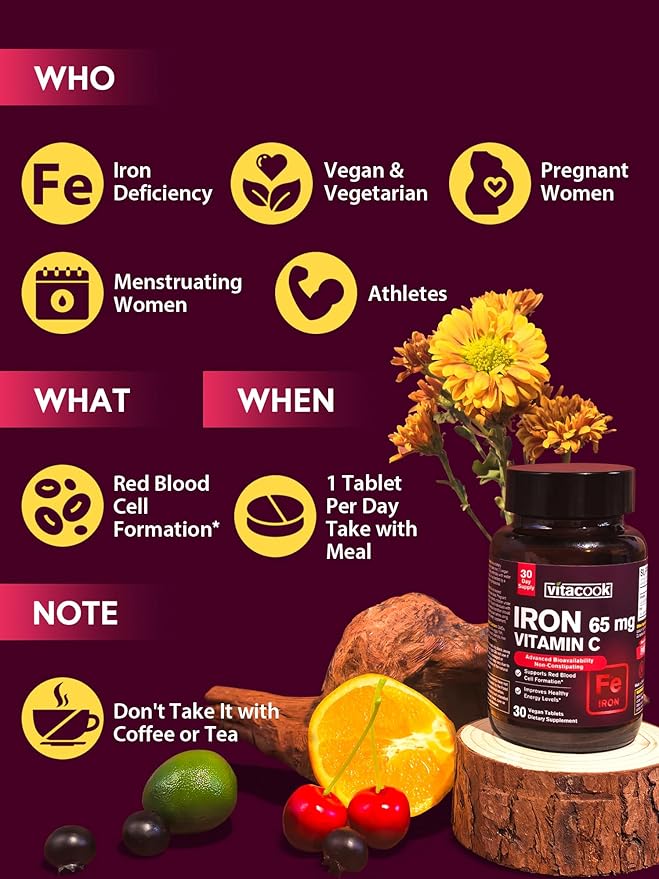 Iron Supplement for Women Men | High Potency Iron 65mg with Vitamin C 250mg | Stomach Friendly Iron Pills for Red Blood Cell & Immune Support | Vegan, Non-GMO & Gluten Free | 30 Tabs