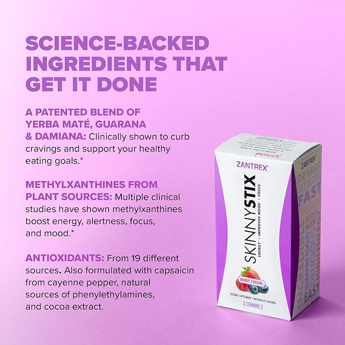 Zantrex SkinnyStix Energy Drink Mix + Antioxidants. Heightens Focus, and Offers Incredible Energy, Delicious 10-Calorie Packets – 15 Packets, Berry Fusion Flavor