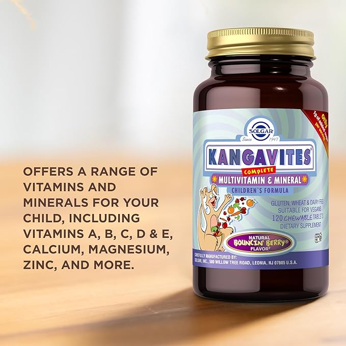 SOLGAR Kangavites, Bouncin’ Berry Flavor - 120 Chewable Tablets, Pack of 2 - Complete Multivitamin & Mineral Formula for Children - Vegan, Gluten Free