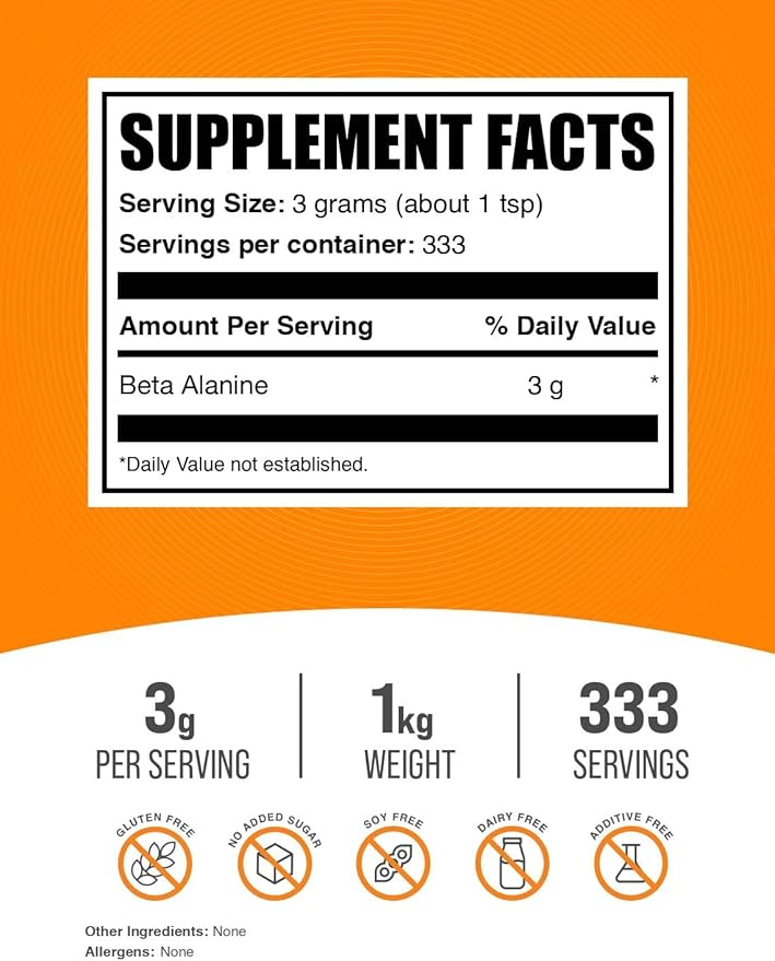 BulkSupplements.com Beta Alanine Powder - Beta Alanine Supplement, Beta Alanine Pre Workout, Beta Alanine 3000mg - Unflavored & Gluten Free, 3g per Serving, 1kg (2.2 lbs) (Pack of 1)
