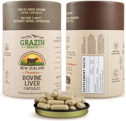Grass Fed Beef Liver from New Zealand - Freeze Dried 3000mg per Serving (500mg per Capsule) (30 Servings)