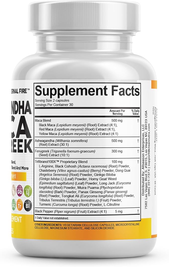 Clean Nutraceuticals Ashwagandha Maca Root Fenugreek Supplement with Tongkat Ali Ginseng - Assists with Stress, Mood & Thyroid - Ashwagandha Capsules Fenugreek Caps - 1 Pack