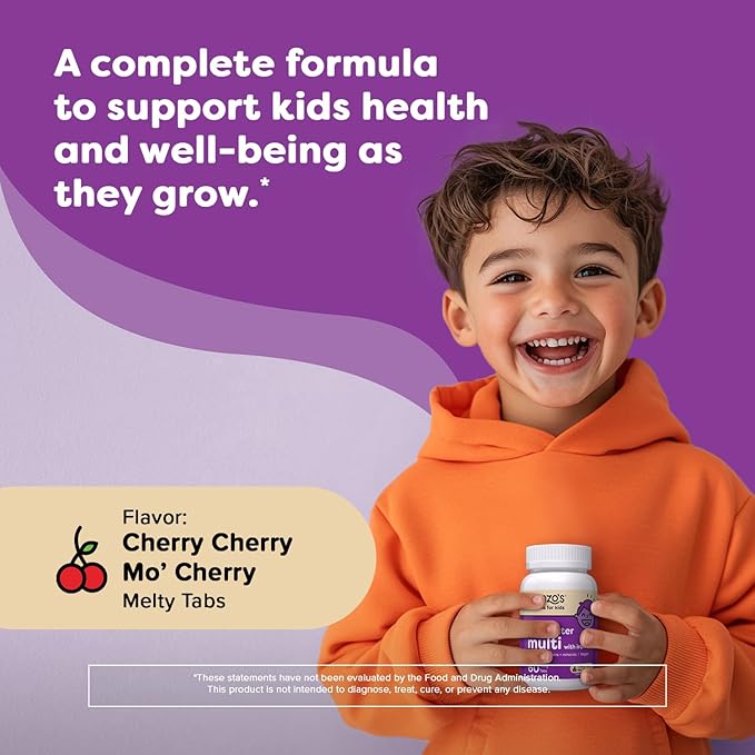 Renzo's Picky Eater Kids Multivitamin with Iron - Dissolving Kids Vitamins with Vitamin D3 & K2 and More - 60 Sugar-Free Melty Tabs, Cherry Cherry Mo’ Cherry Flavored