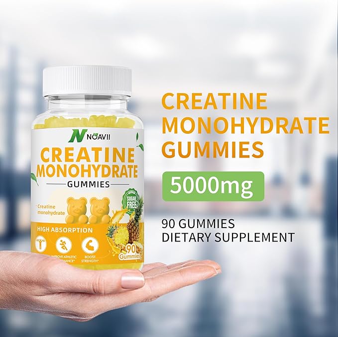 Creatine Monohydrate Gummies 5000mg for Men & Women, Chewables Creatine Monohydrate for Muscle Strength, Muscle Builder, Energy Boost, Pre-Workout Supplement(90 Count)-Pineapple