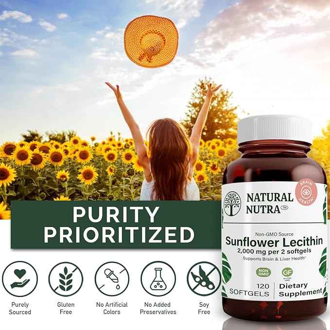 Natural Nutra Sunflower Lecithin 2000 mg Supplement – Soy Free, Non-GMO, Gluten-Free 120 Softgels (3 Pack) | Liver Function Support, Brain Health Booster, Memory & Focus Enhancement
