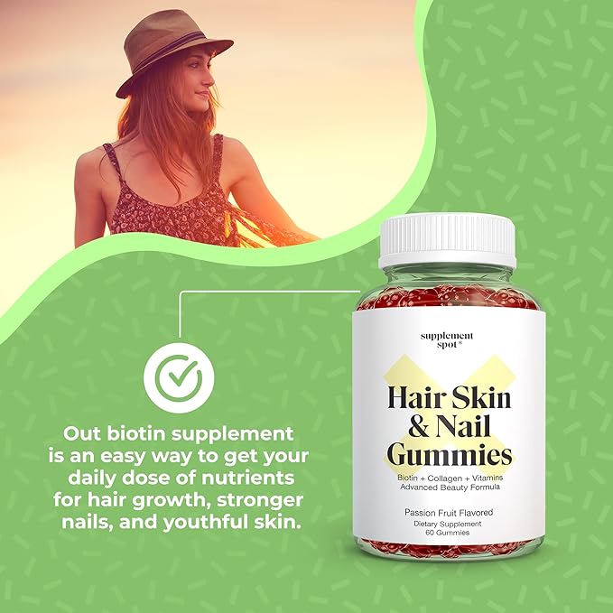 Hair Skin and Nails Vitamins, 6000 mcg Biotin Gummies w/Collagen & Vitamins, Passion Fruit Flavored Hair Vitamins, Gluten Free Collagen Supplements (60 Count)