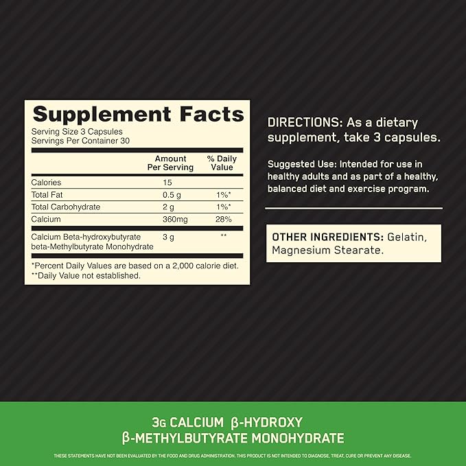 Optimum Nutrition HMB 1000 Caps, 1g of Calcium beta-Hydroxy beta-methylbutyrate per Capsule, 90 Capsules, 30 Servings