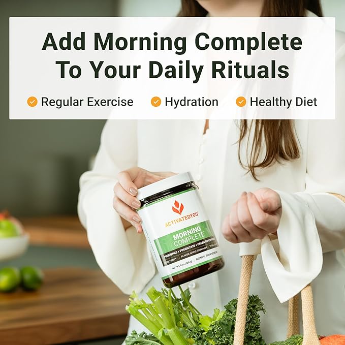 ACTIVATEDYOU Morning Complete Daily Wellness Greens Superfood Drink Mix for Gut Health w/Prebiotics, Probiotics, Antioxidants, Green Superfoods, 10 Billion CFUs, 30 Servings (Apple Cinnamon)