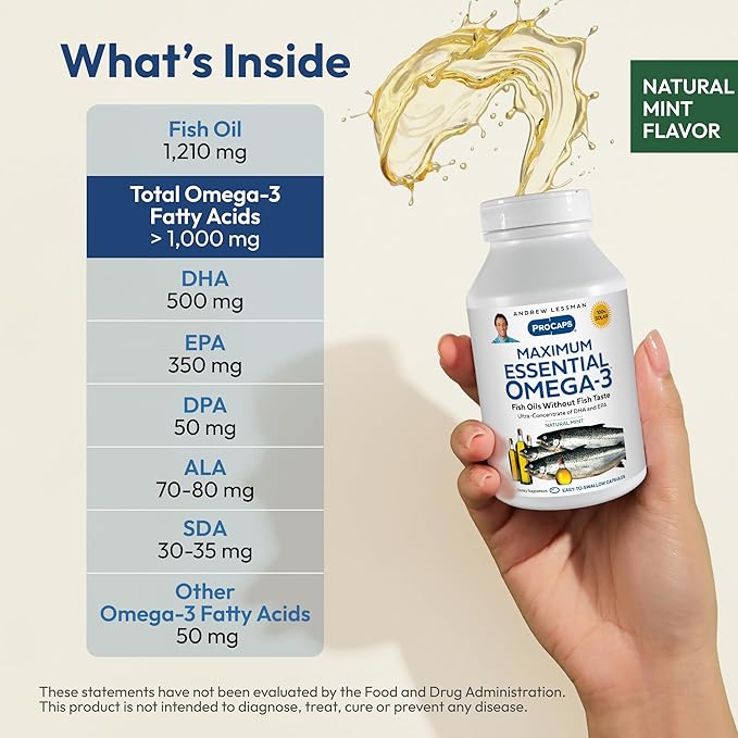 ANDREW LESSMAN Maximum Essential Omega-3 Mint - 30 Softgels - Ultra-Pure, High Potency Omega-3 Oils. High DHA, No Stomach Upset, No Contaminants, No Mercury. Small Easy to Swallow Softgels
