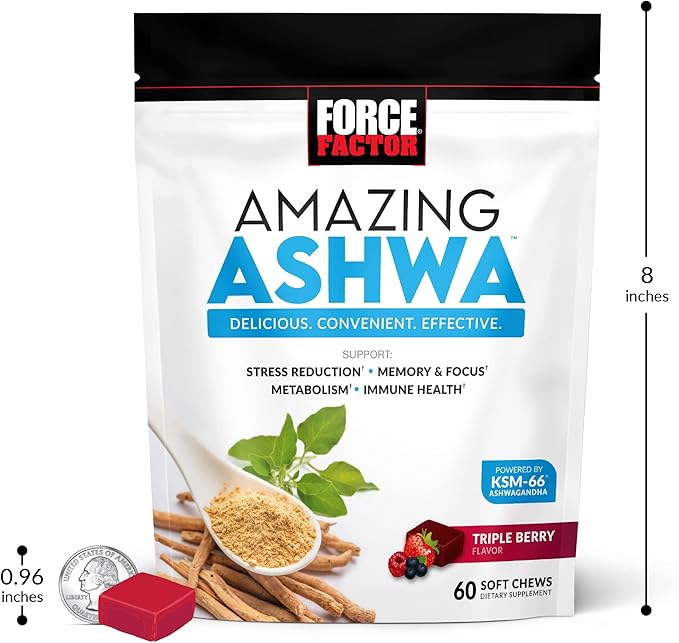 FORCE FACTOR Amazing Ashwa for Stress Relief, Memory, Focus, and Immune Support Health, Ashwaganda Supplement with KSM-66 Ashwagandha for Stress, 180 Soft Chews