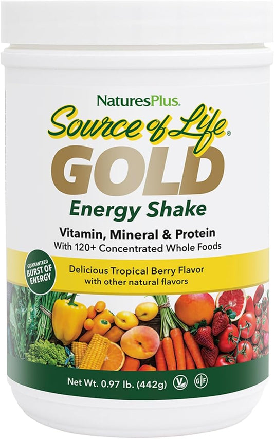 NaturesPlus Source of Life Gold Energy Shake - 0.97 lb - Tropical Berry Flavor - Vitamin, Mineral & Protein Formula with 120+ Concentrated Whole Foods - Vegetarian & Gluten Free - 13 Servings