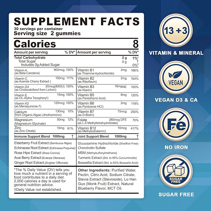 Multivitamin for Women 50+ & Men, Sugar Free Methylated Multivitamin Gummies with Glucosamine Chondroitin MSM for Senior, Chewable Multi Vitamin D3 K2 & A C E, B Complex, Algae Calcium Magnesium