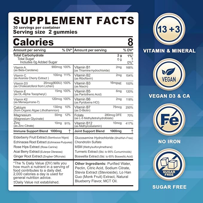 Multivitamin for Women 50+ & Men, Sugar Free Methylated Multivitamin Gummies with Glucosamine Chondroitin MSM for Senior, Chewable Multi Vitamin D3 K2 & A C E, B Complex, Algae Calcium Magnesium