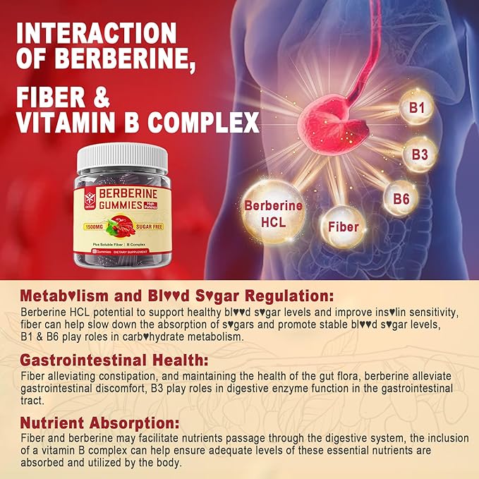 Berberine Supplement 1500mg with Soluble Fiber, B1, B3 & B6, Sugar Free Berberine HCL Gummies, High Bioavailability AMPK Activitor for Metabolism Balanced, Daily Digestive & Gut Health, 120 Cts