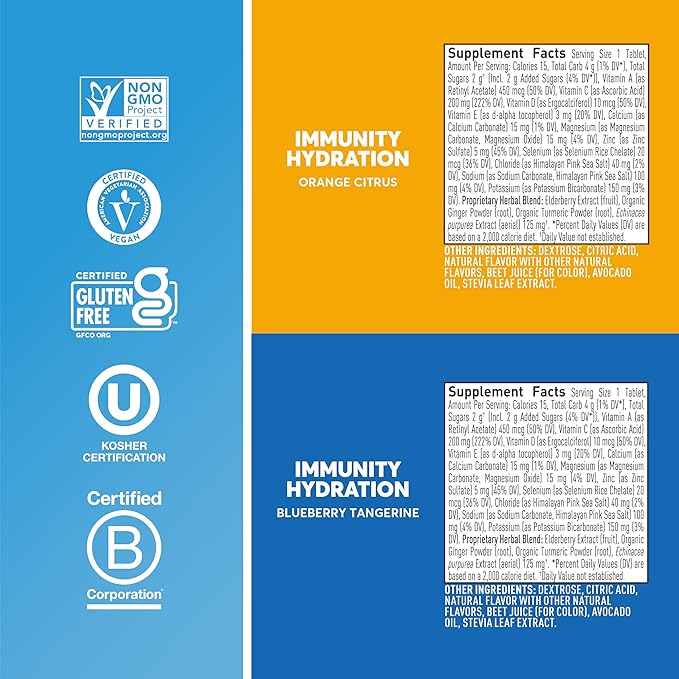 Nuun Hydration Immunity Electrolyte Tablets With 200mg Vitamin C, Blueberry Tangerine + Orange Citrus Flavors, 5 Essential Electrolytes for Hydration, Vegan, Non-GMO, 4 Pack (40 Servings)
