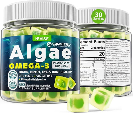 Vegan Omega 3 Gummies 1000mg w/MethylFolate, Vitamin B12, Plant Based DHA 460mg & EPA 230mg for Brain, Joint, Eye & Immunity, Sugar Free Fish Oil Omega 3 Supplements Alternative for Adults, 60 Cts