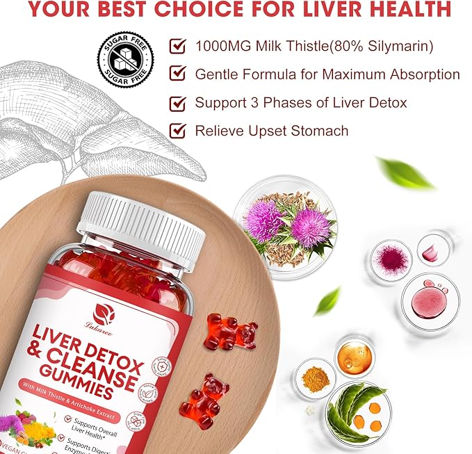 Liver Cleanse Detox & Repair Gummies - 24 Potent Herb w/3000MG Milk Thistle Silymarin, Dandelion, Artichoke Extract & Elderberry - No Sugar, Raspberry Flavor -120 Count