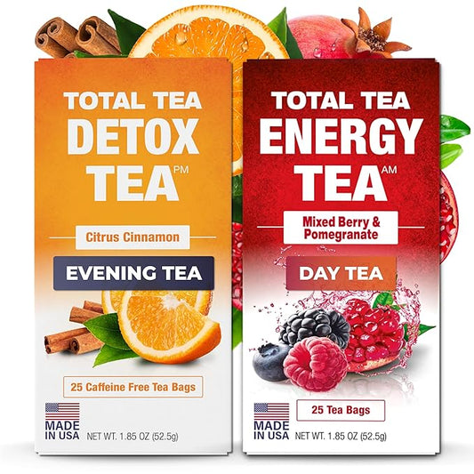 Total Tea Detox Tea & Energy Tea Set - 25 Day Detox Tea - Herbal SIim Tea with Chamomile - Hibiscus Tea and Ginger Root for Colon Cleanse – Natural Citrus & Cinnamon Herbal Tea for Digestive Health (25-Pack, Detox & Energy Tea)