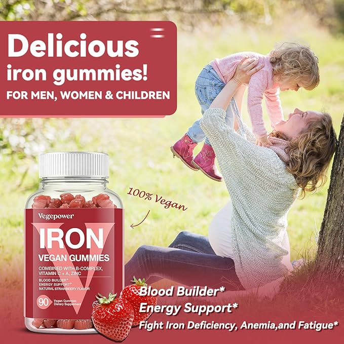 Iron Gummies Supplements for Kids & Women - Multivitamin with Iron for Blood Builder, Great Tasting Iron Gummy Vitamins with Vitamin C for Max Absorption - Strawberry (3 Packs)
