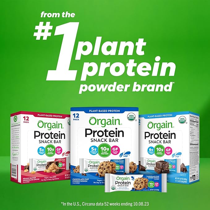 Orgain Organic Vegan Protein Bars, Chocolate Brownie - 10g Plant Based Protein, Low Calorie Healthy Snacks, No Lactose or Soy Ingredients, Gluten Free, Non-GMO - 1.41 Oz (Pack of 12)