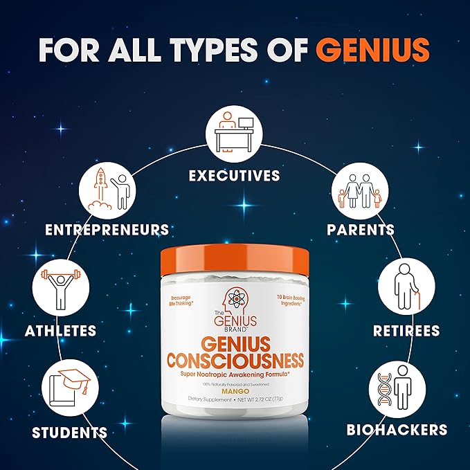 Genius Consciousness, Super Nootropic Brain Supplement Powder, Mango - Boost Focus, Cognitive Function, Concentration & Memory Booster - Alpha GPC & Lions Mane Mushroom for Neuro Energy & IQ